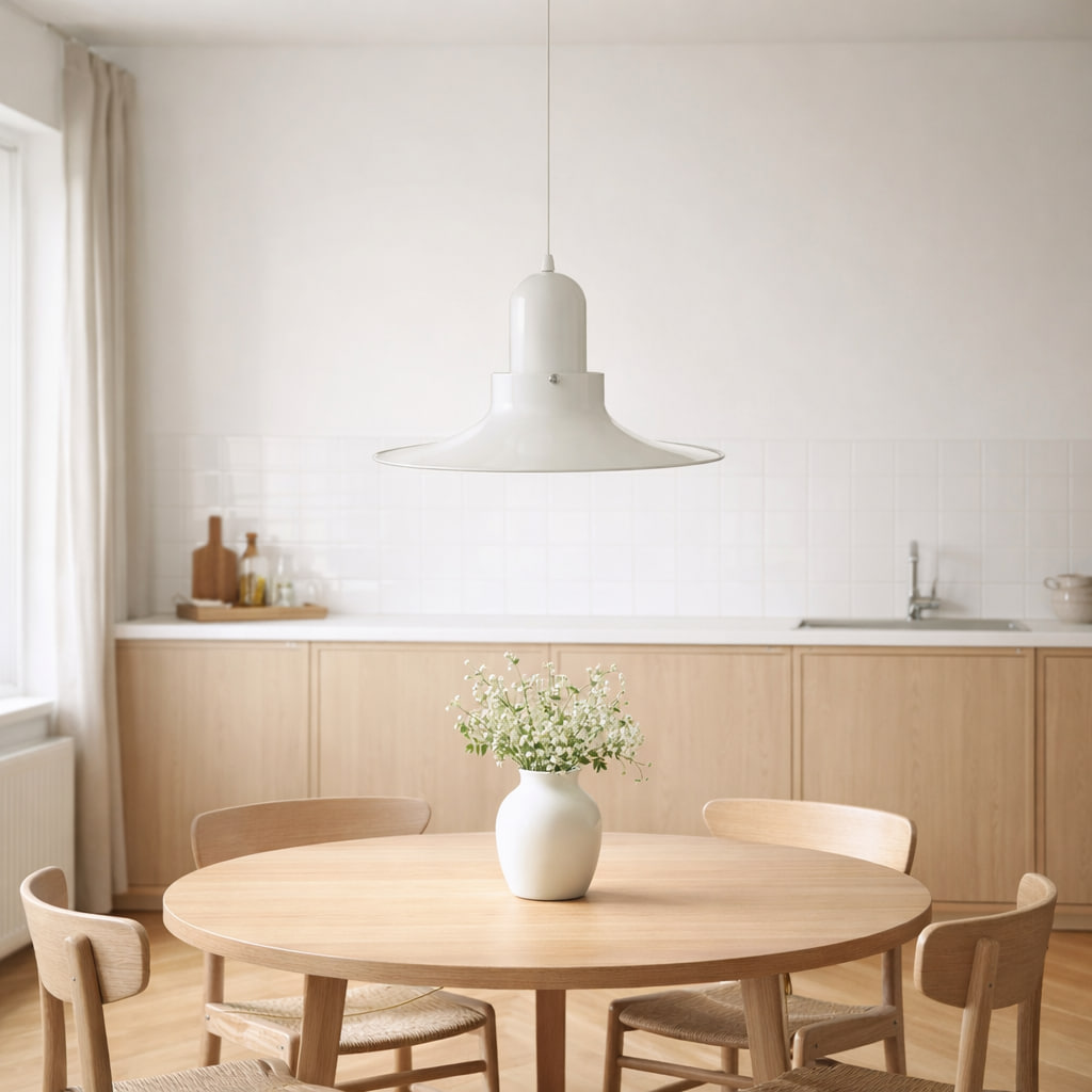 Vintage taklampa “Toppen” från IKEA, 1979. Vit metall med bred skärm. Diameter 45 cm.