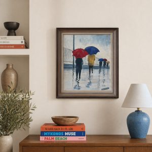 Oljemålning med regnscen och paraplyer i fina färger