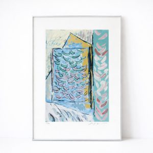 Signerad litografi i modern abstrakt stil med grafiskt uttryck.