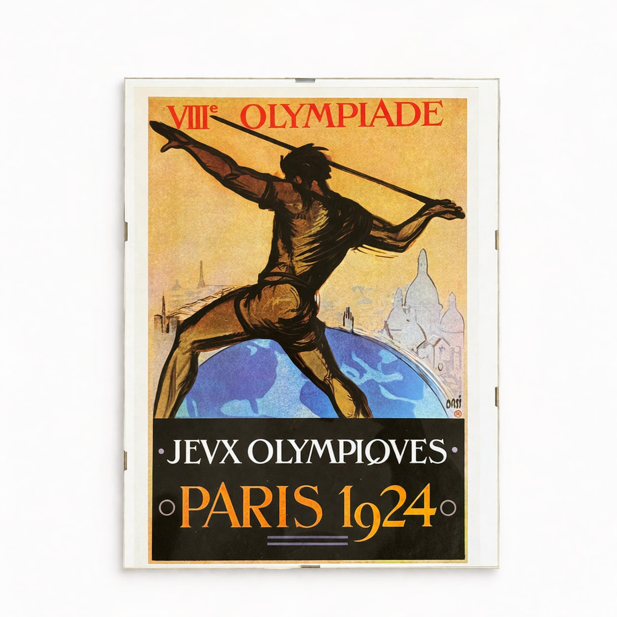 Historisk affisch från OS Paris 1924 av Italo Orsi. Inramad i glas. Klassisk olympisk design. 35 x 28 cm