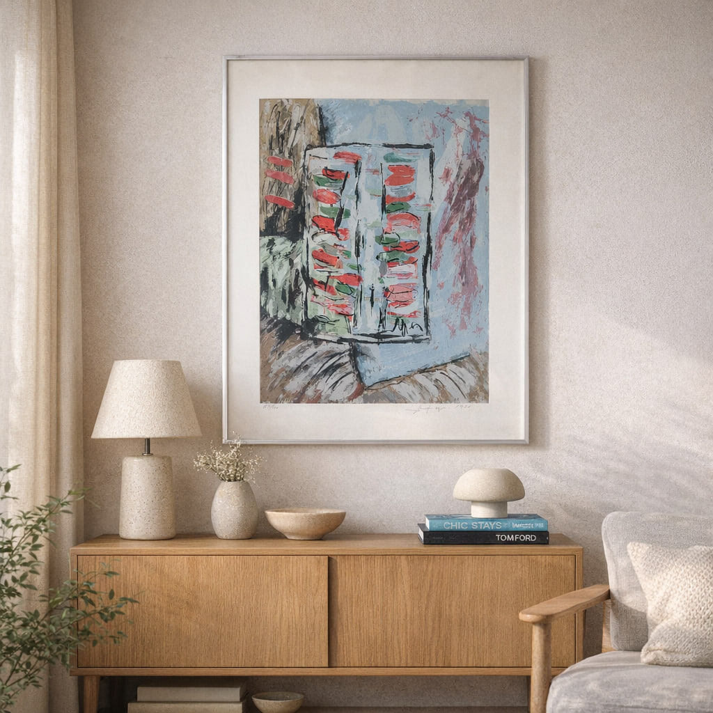 Signerad litografi med abstrakt motiv i mjuka och livfulla färger.