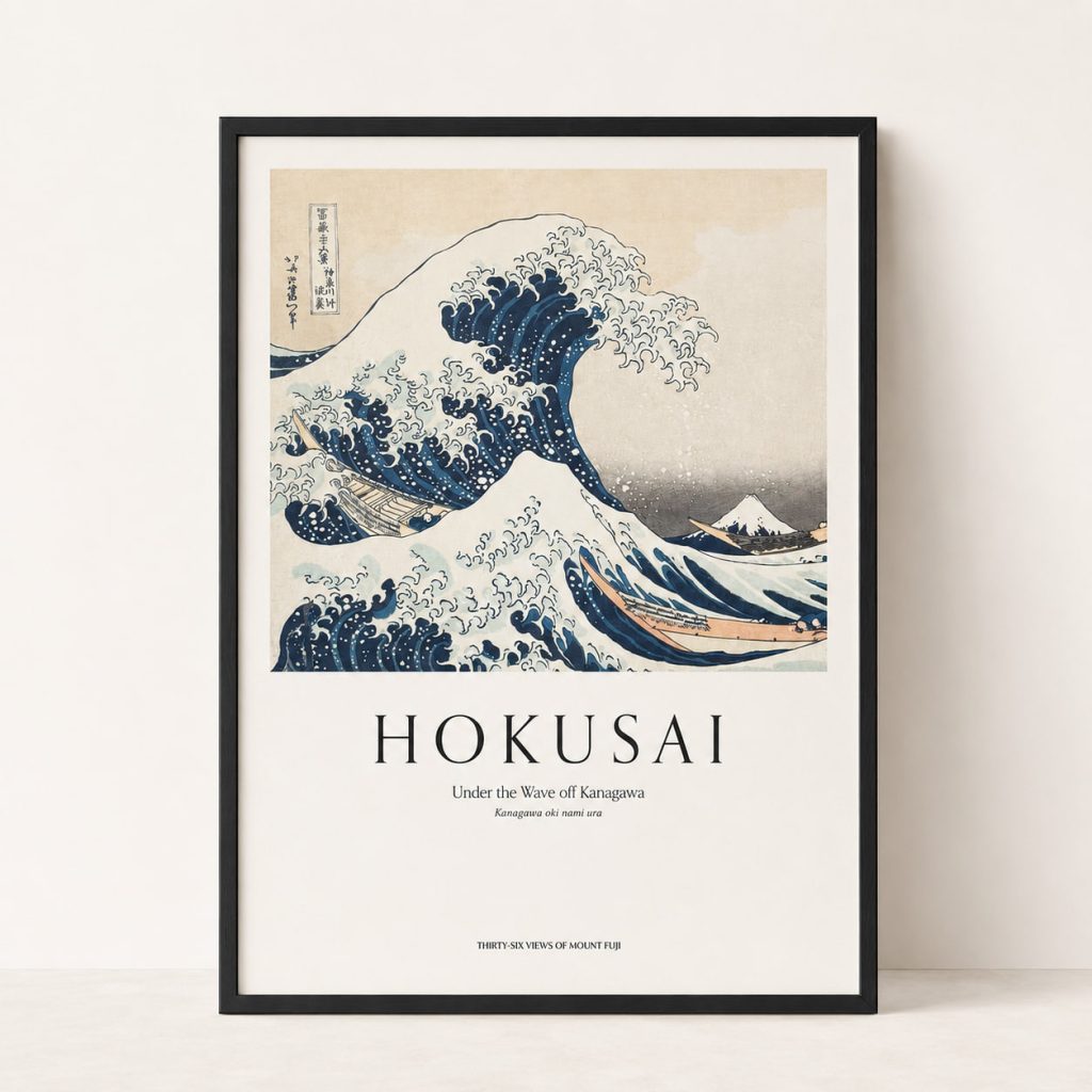 Hokusai-affisch med det ikoniska motivet Den stora vågen utanför Kanagawa